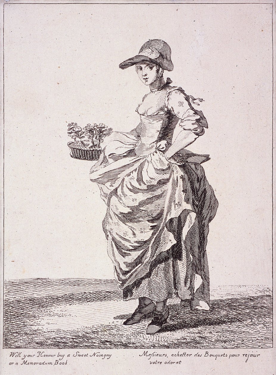 Nasensträußchen- und Memo-Buch-Verkäufer, Rufe von London, 1760 von Paul Sandby