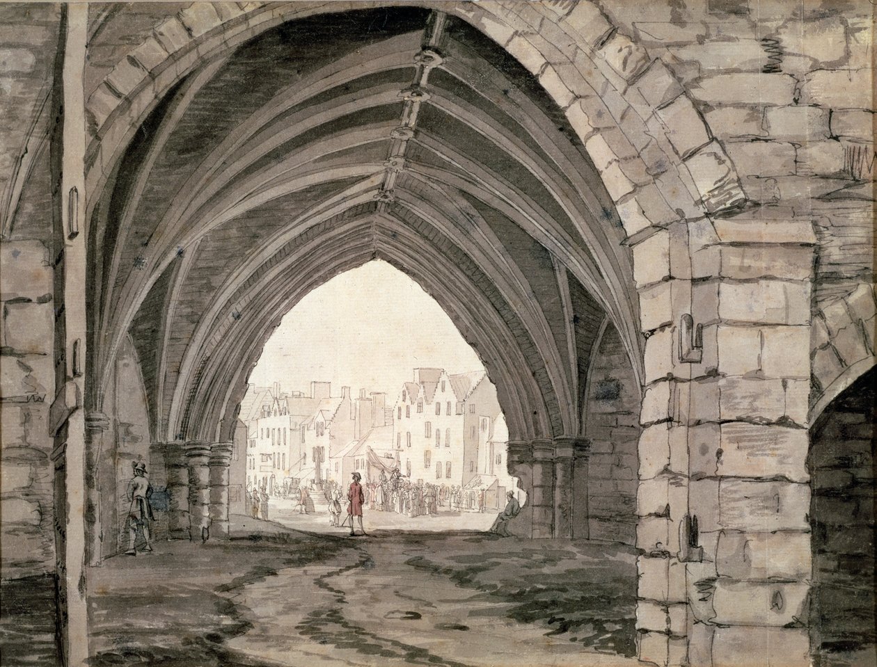 Teil der Holyrood Abbey mit Blick auf die Canongate von Paul Sandby