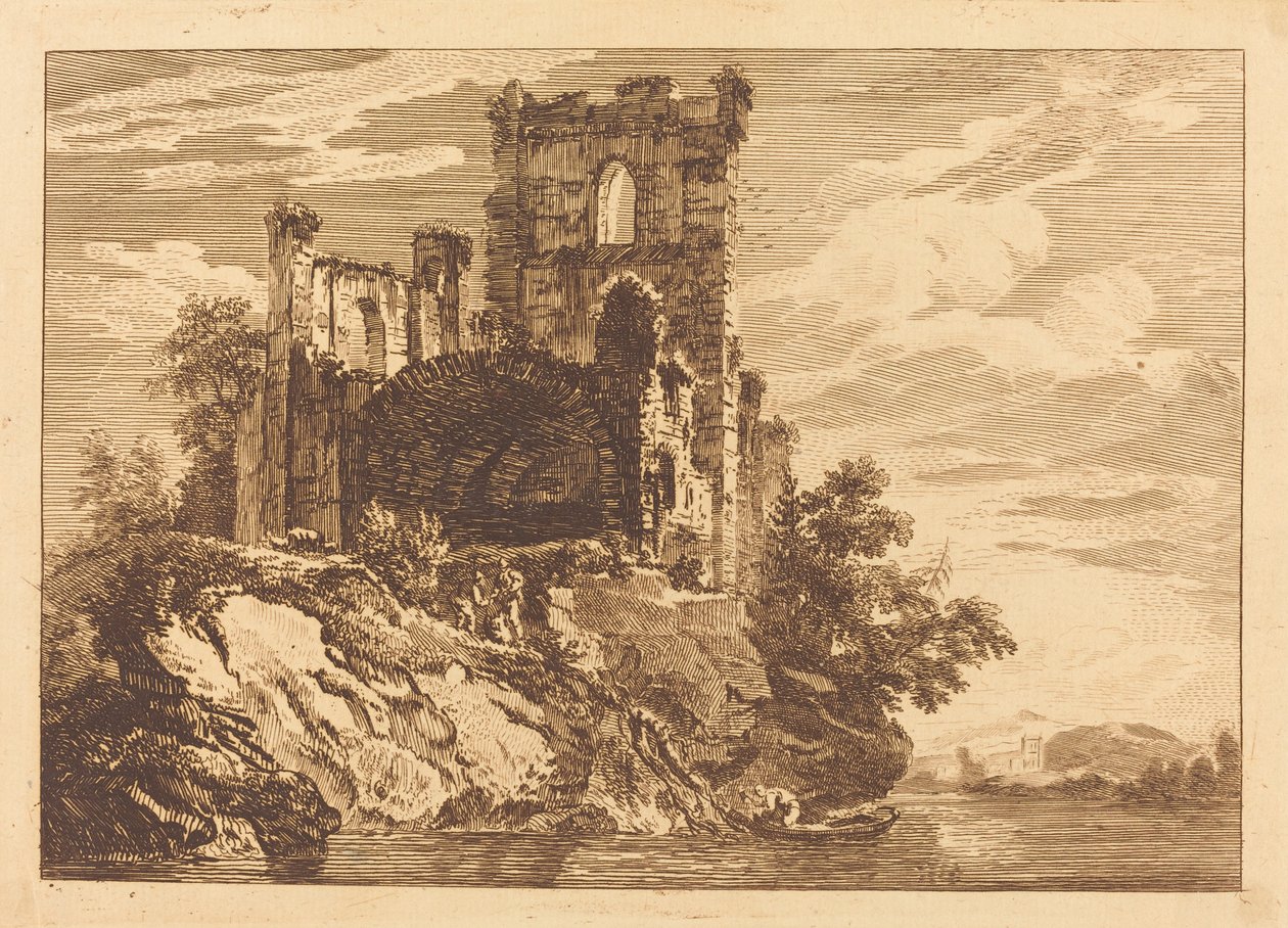 Ruinen an einem Fluss mit einem Mann in einem Boot von Paul Sandby