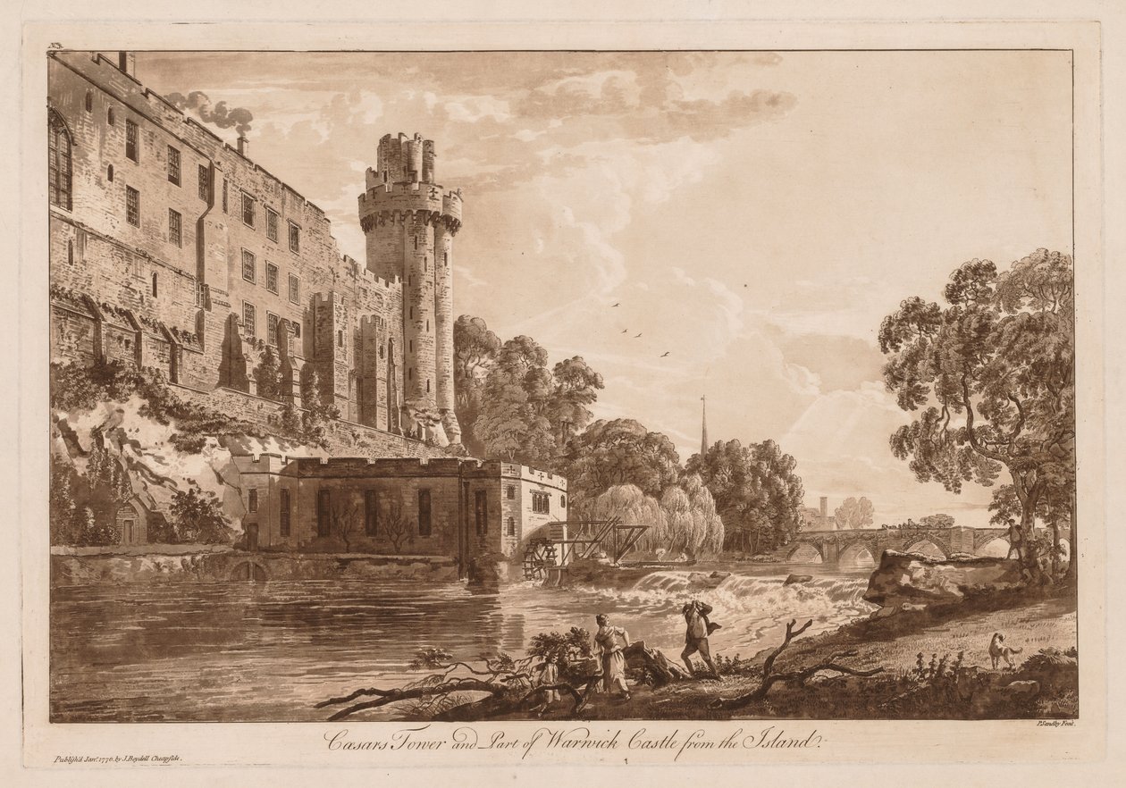 Ansichten von Warwick Castle: Caesars Turm und Teil von Warwick Castle von der Insel von Paul Sandby