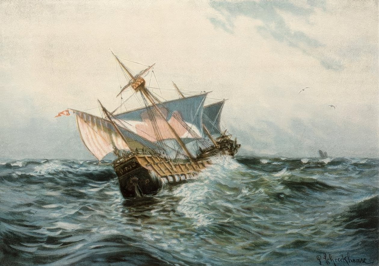 Des Columbus’ Schiff Sta. Maria bei stürmischem Wetter von Paul Schreckhaase