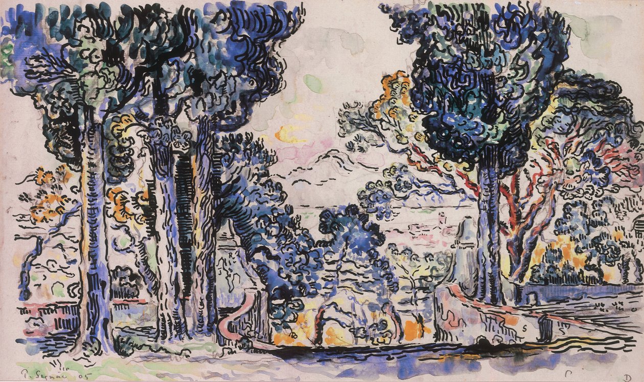Zypressen in Sainte-Anne Saint-Tropez von Paul Signac