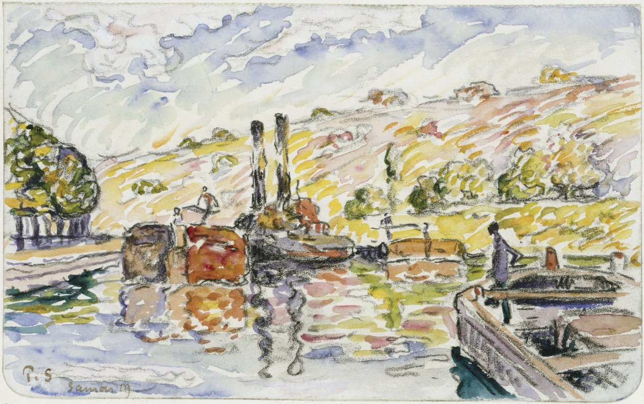 Flusslandschaft mit Schleppern und Kähnen von Paul Signac