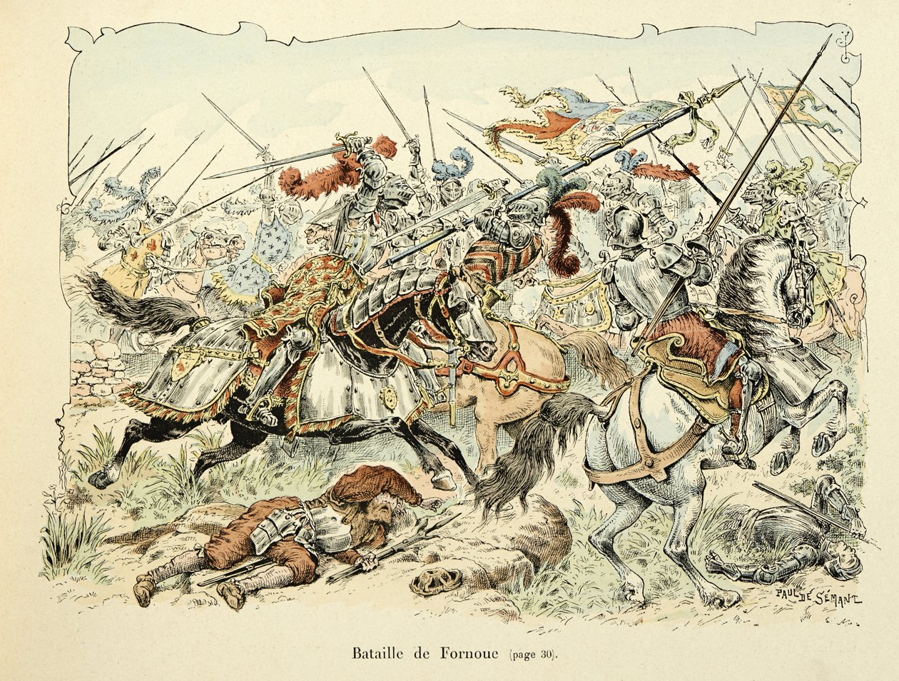 Illustration aus dem Buch „Histoire du chevalier Bayard“ von Theodore Cahu, illustriert von Paul De Semant (1855-1915): Schlacht von Fornoua 1495 von Paul de Semant