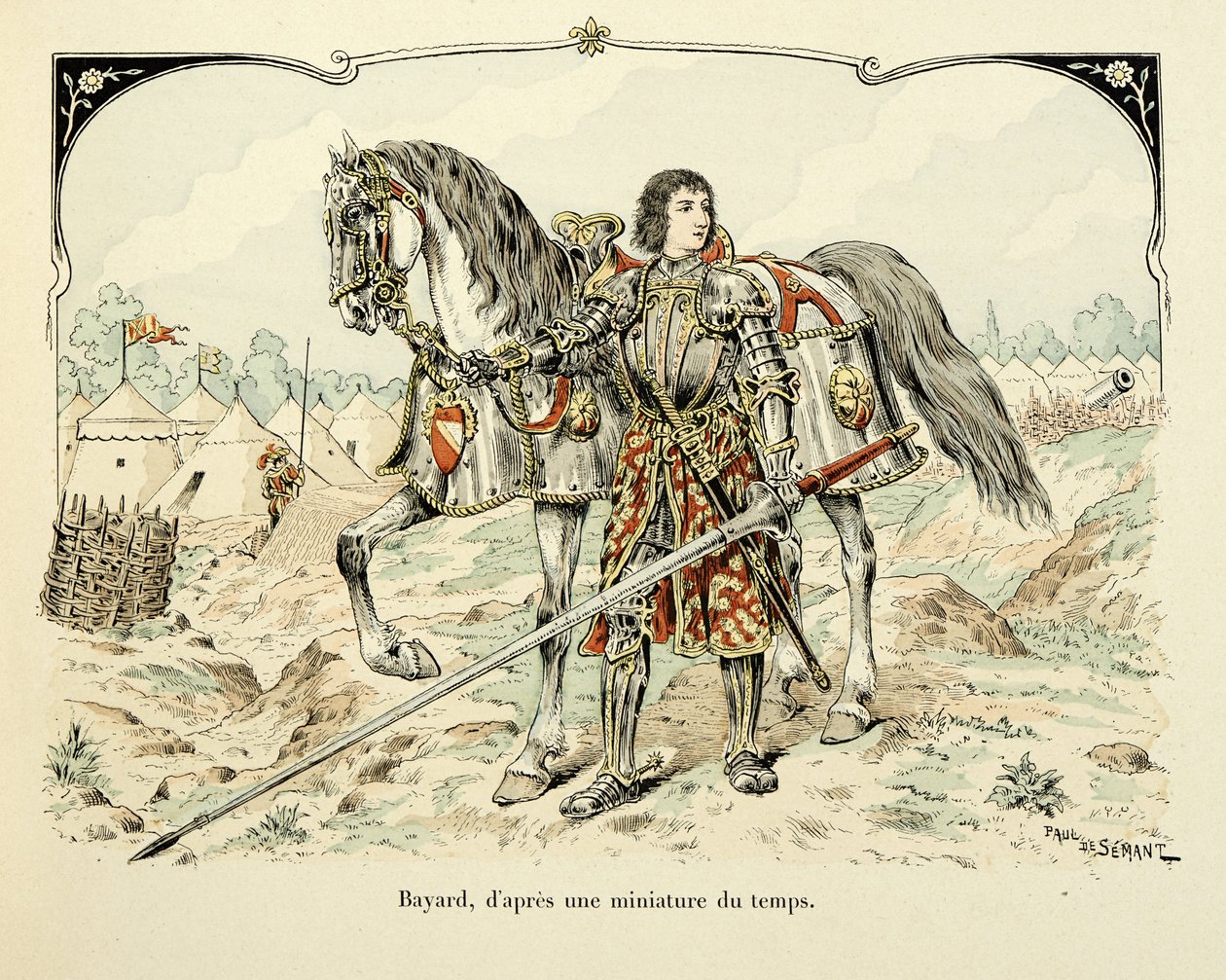 Illustration aus dem Buch „Histoire du chevalier Bayard“ von Theodore Cahu, illustriert von Paul De Semant: Porträt von Bayard nach einer Miniatur der Zeit von Paul de Semant