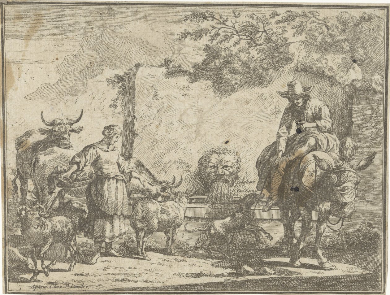 Frau und ein Mann auf einem Esel bei einer Wasserquelle von Paul van Somer (II)