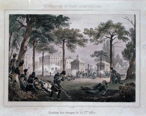 Truppen im Parc Royal, Brüssel, 25. September 1830, graviert von Dewasme-Pletinckx von Paulus (after) Lauters