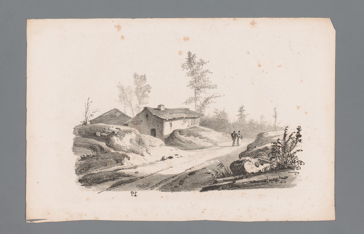 Heuvellandschaft mit Landweg und Häusern (Beginselen van landschappen) von Paulus Lauters