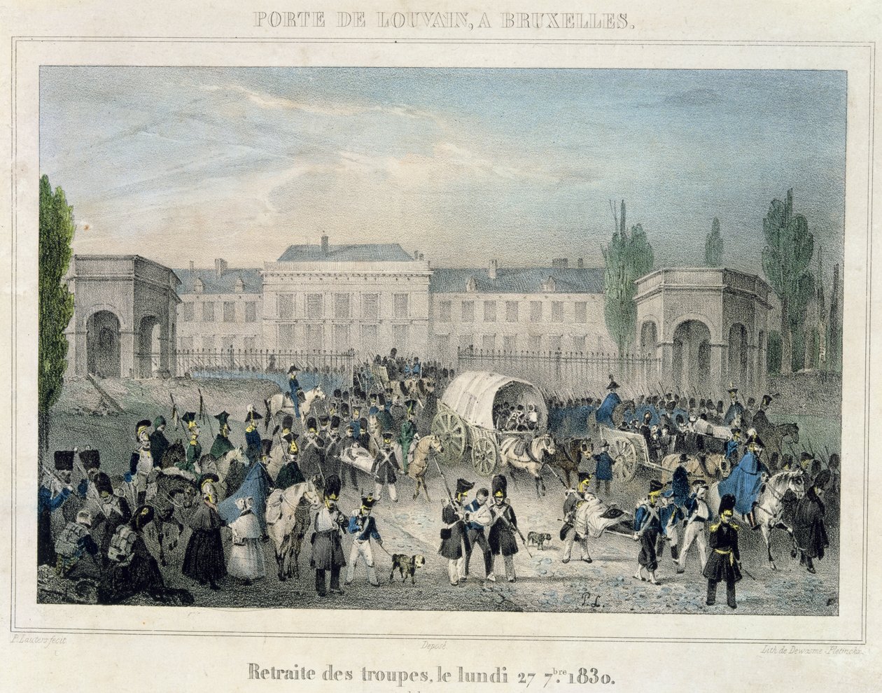 Porte de Louvain, Brüssel: Der Rückzug der niederländischen Truppen, 27. September 1830, graviert von Dewasme-Pletinckx von Paulus Lauters