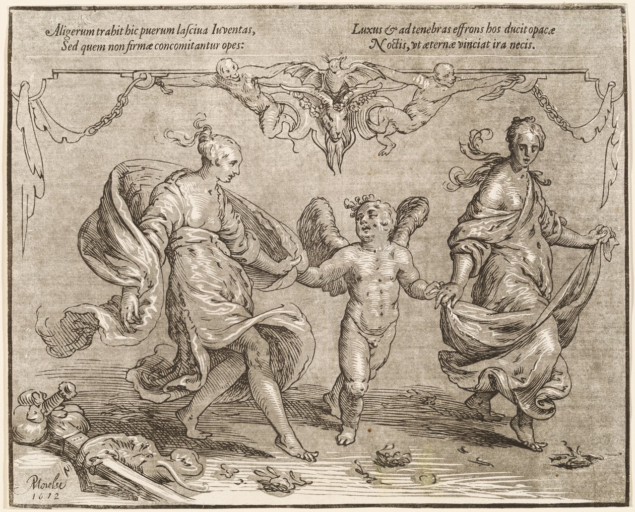 Amor tanzt mit zwei allegorischen Frauen von Paulus Moreelse