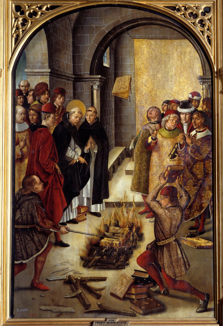 Heiliger Dominikus und die Albigenser (Das Wunder von Fanjeaux): Der Heilige übergibt den Albigensern das Buch, das ihre Häresie widerlegt, und die Albigenser versuchen es erfolglos zu verbrennen von Pedro Berruguete
