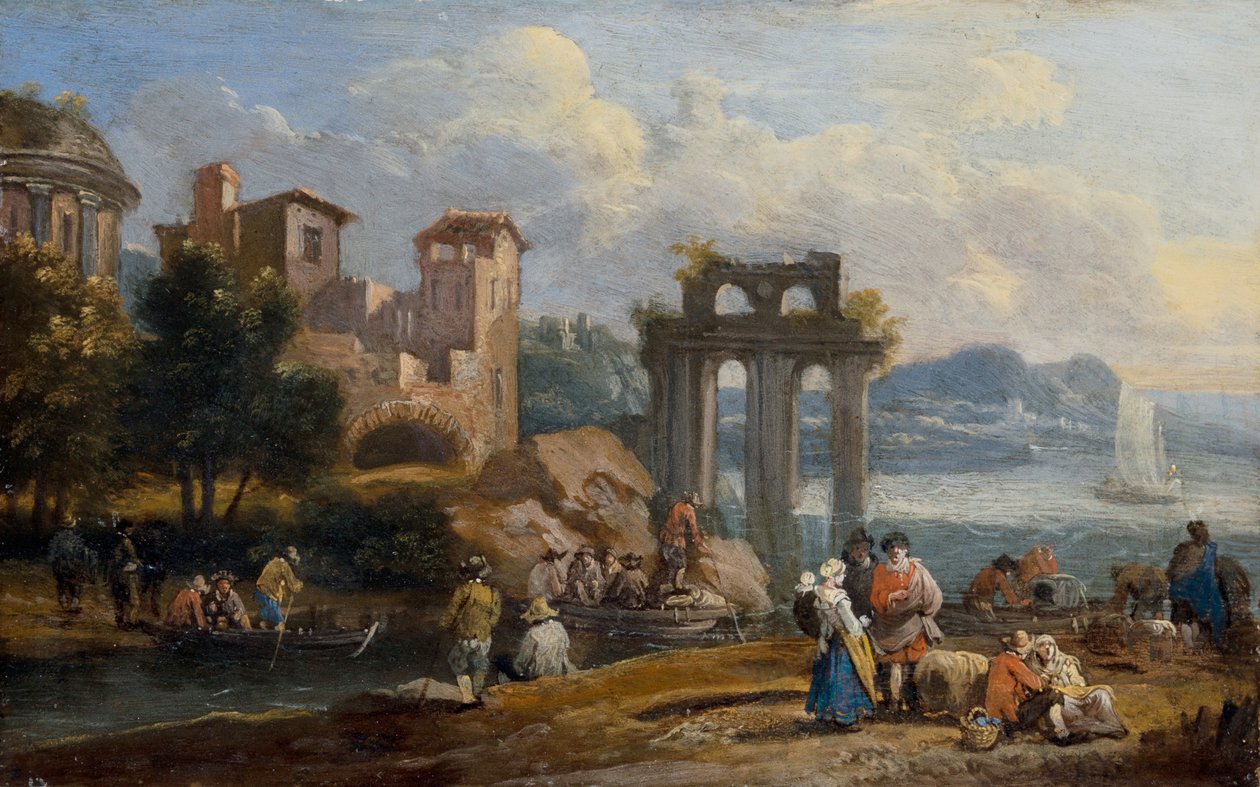 Figuren in einer Landschaft, die sich in der Nähe einer Ruine ausruhen von Peeter or Pieter Bout