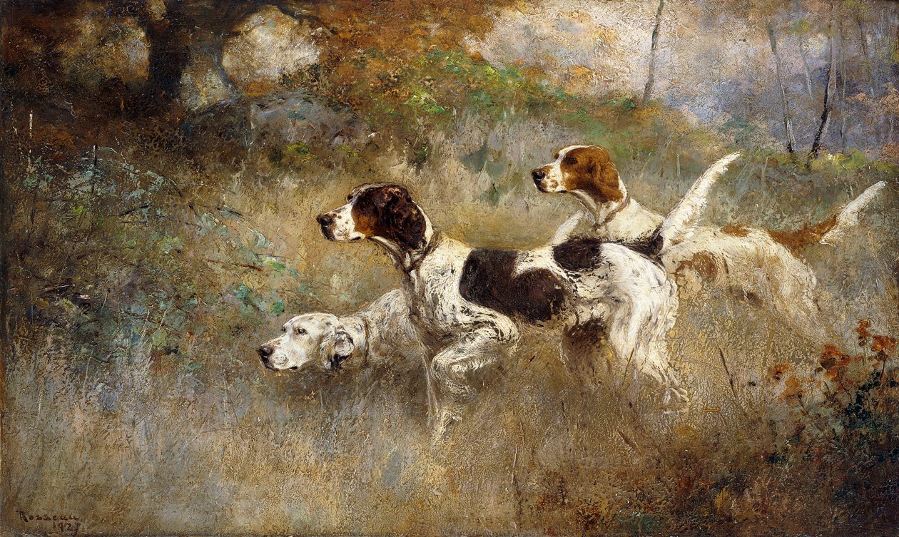 Die drei Setter, Bob, Bill und Ginger an einem Dreifachpunkt von Percival Leonard Rosseau