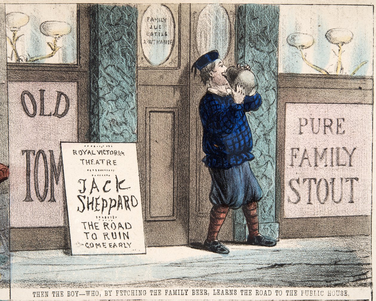 Der Junge, der durch das Holen des Familienbiers den Weg zur Kneipe lernt, veröffentlicht um 1872 von Percy Cruikshank
