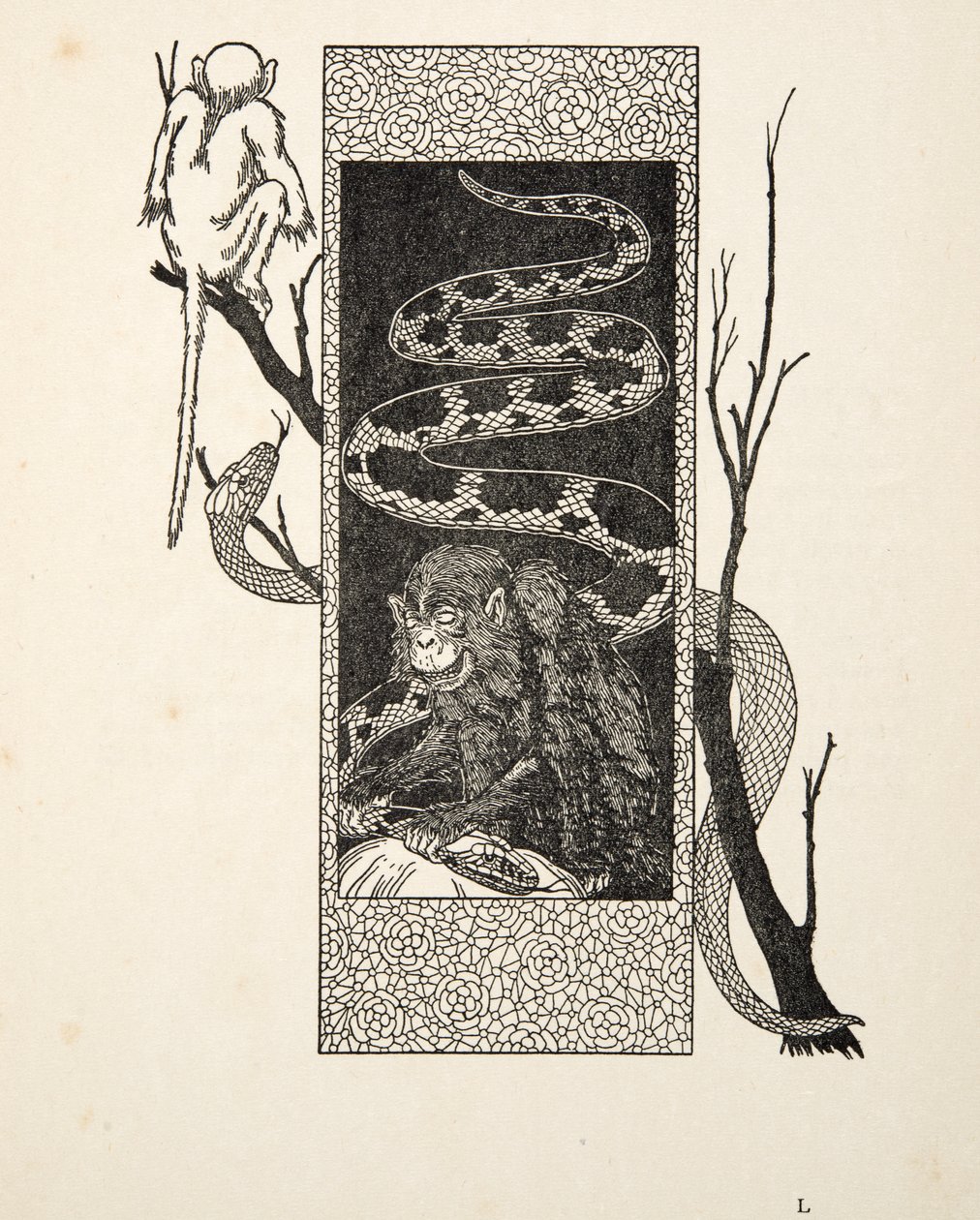 Affe gegen Schlange, aus Hundert Anekdoten über Tiere, veröffentlicht 1924 von Percy J. Billingshurst
