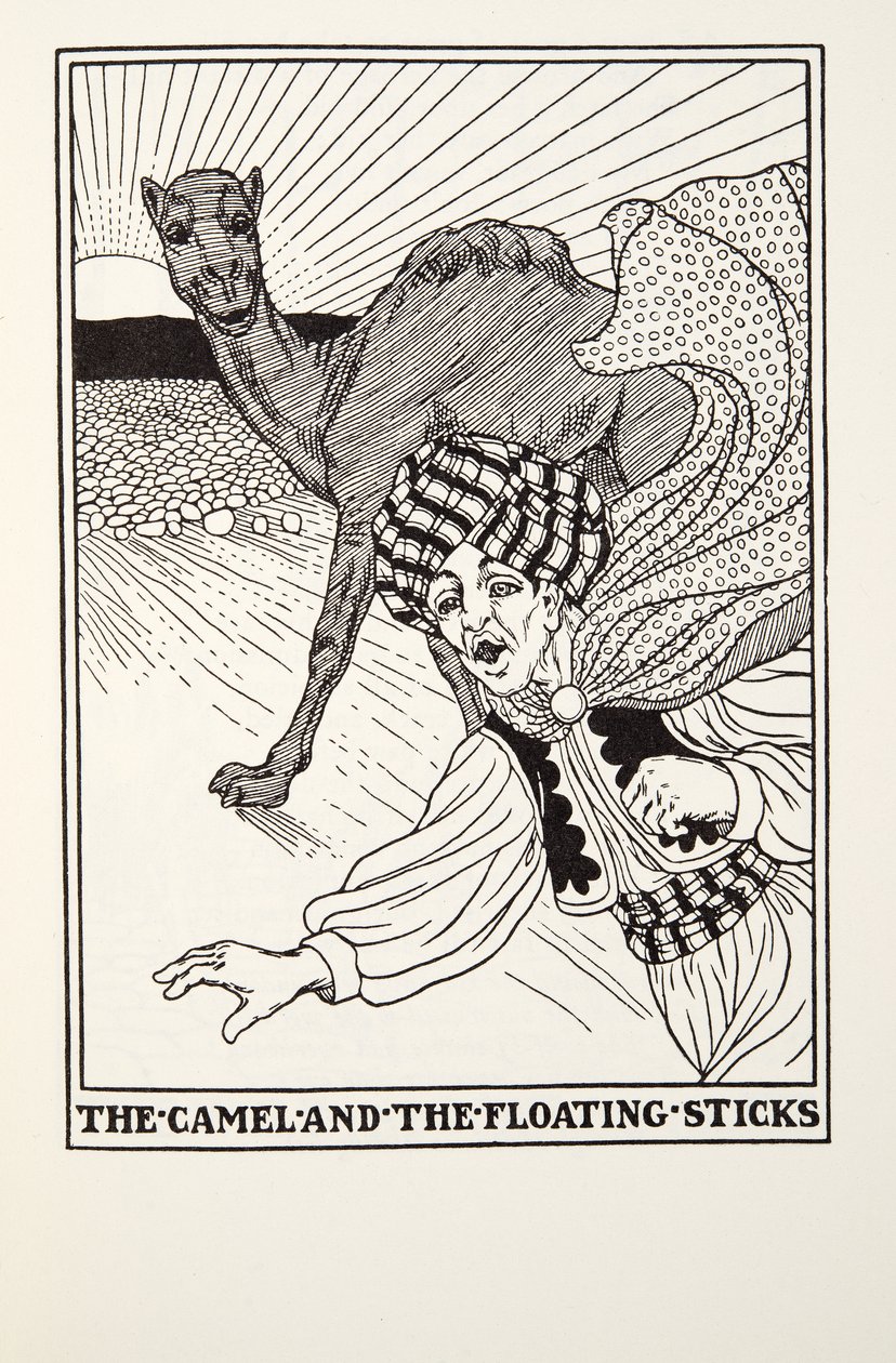 Das Kamel und die schwimmenden Stöcke, aus Fontaine Fabeln, veröffentlicht 1905 von Percy J. Billingshurst