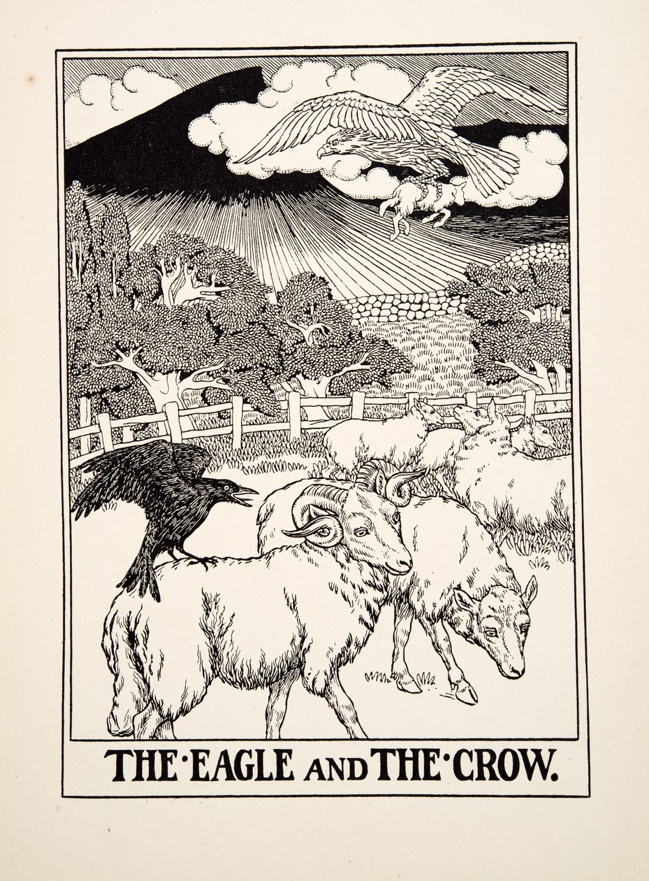 Der Adler und die Krähe, aus Hundert Fabeln von Äsop, veröffentlicht 1903 von Percy J. Billingshurst