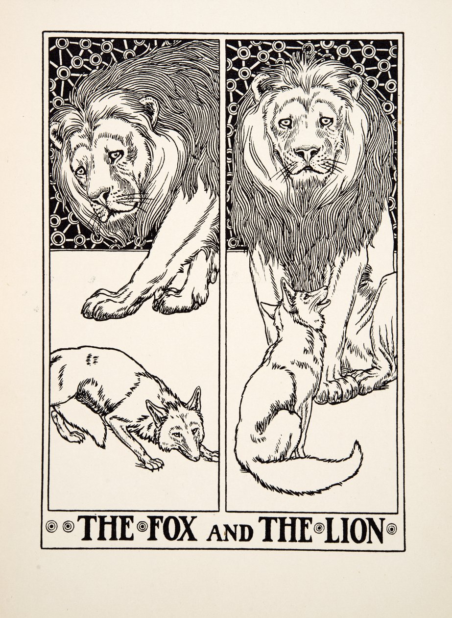Der Fuchs und der Löwe, aus Hundert Fabeln von Aesop, veröffentlicht 1903 von Percy J. Billingshurst