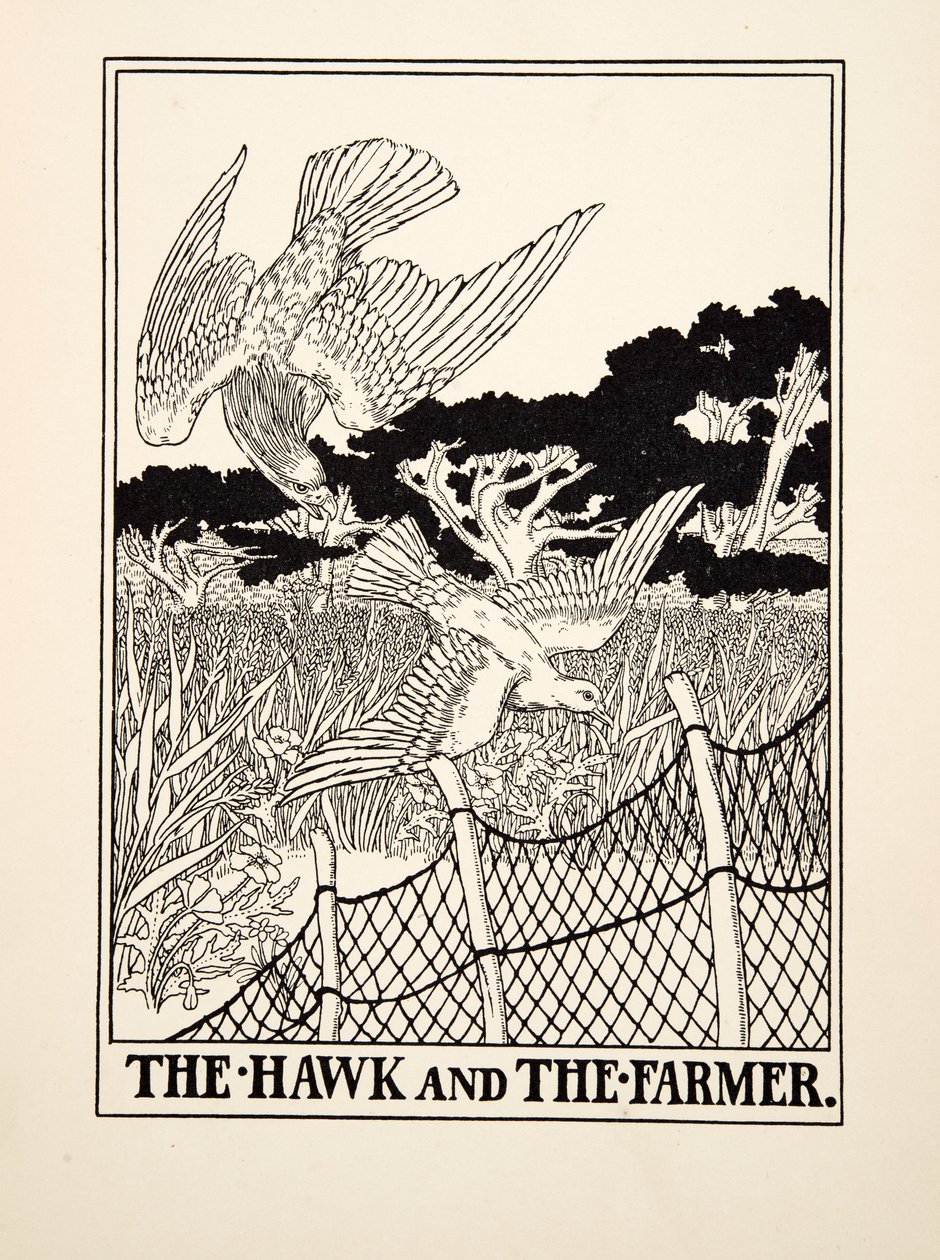 Der Falke und der Bauer, aus Hundert Fabeln von Aesop, veröffentlicht 1903 von Percy J. Billingshurst