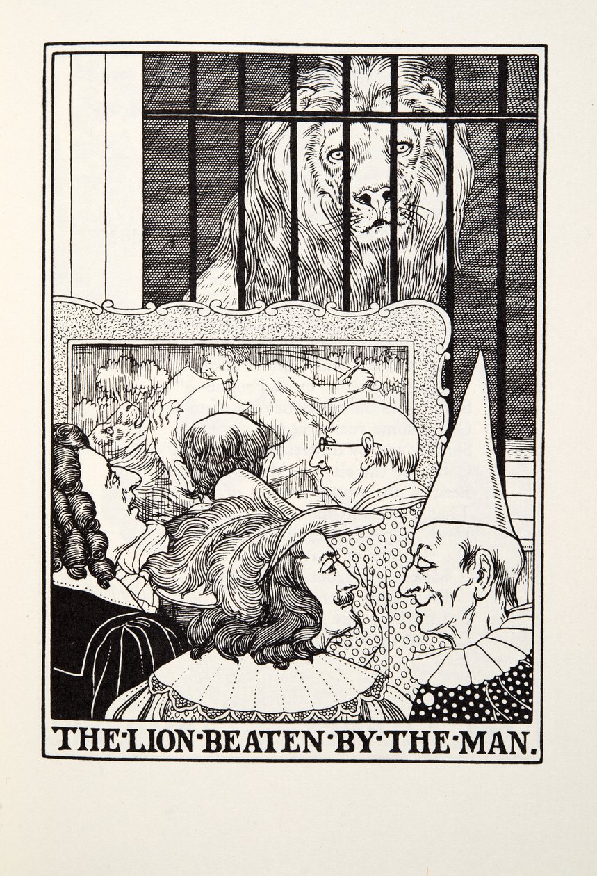 Der Löwe, vom Menschen geschlagen, aus Fontaine Fabeln, veröffentlicht 1905 von Percy J. Billingshurst