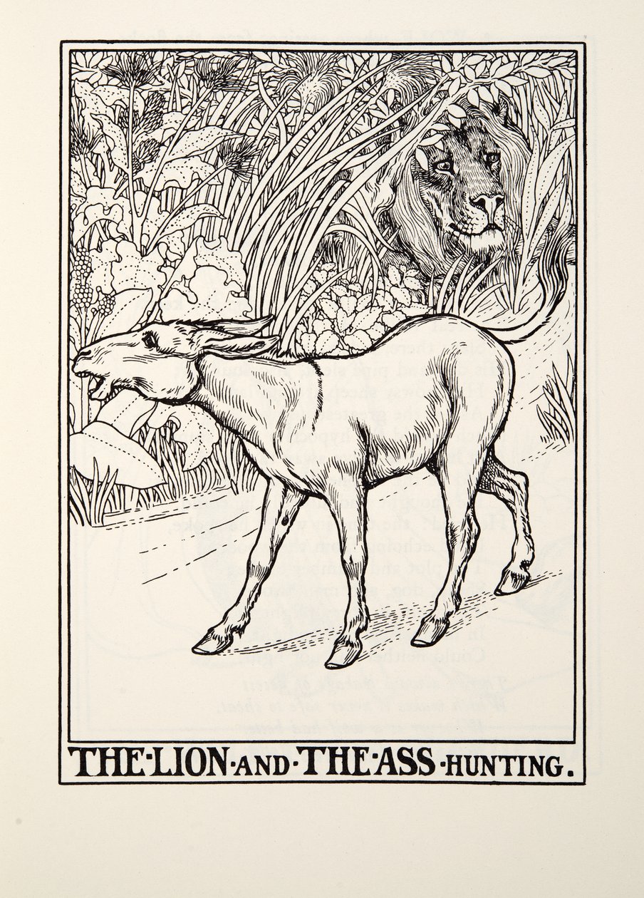 Der Löwe und der Esel auf der Jagd, aus Fontaine Fables, veröffentlicht 1905 von Percy J. Billingshurst