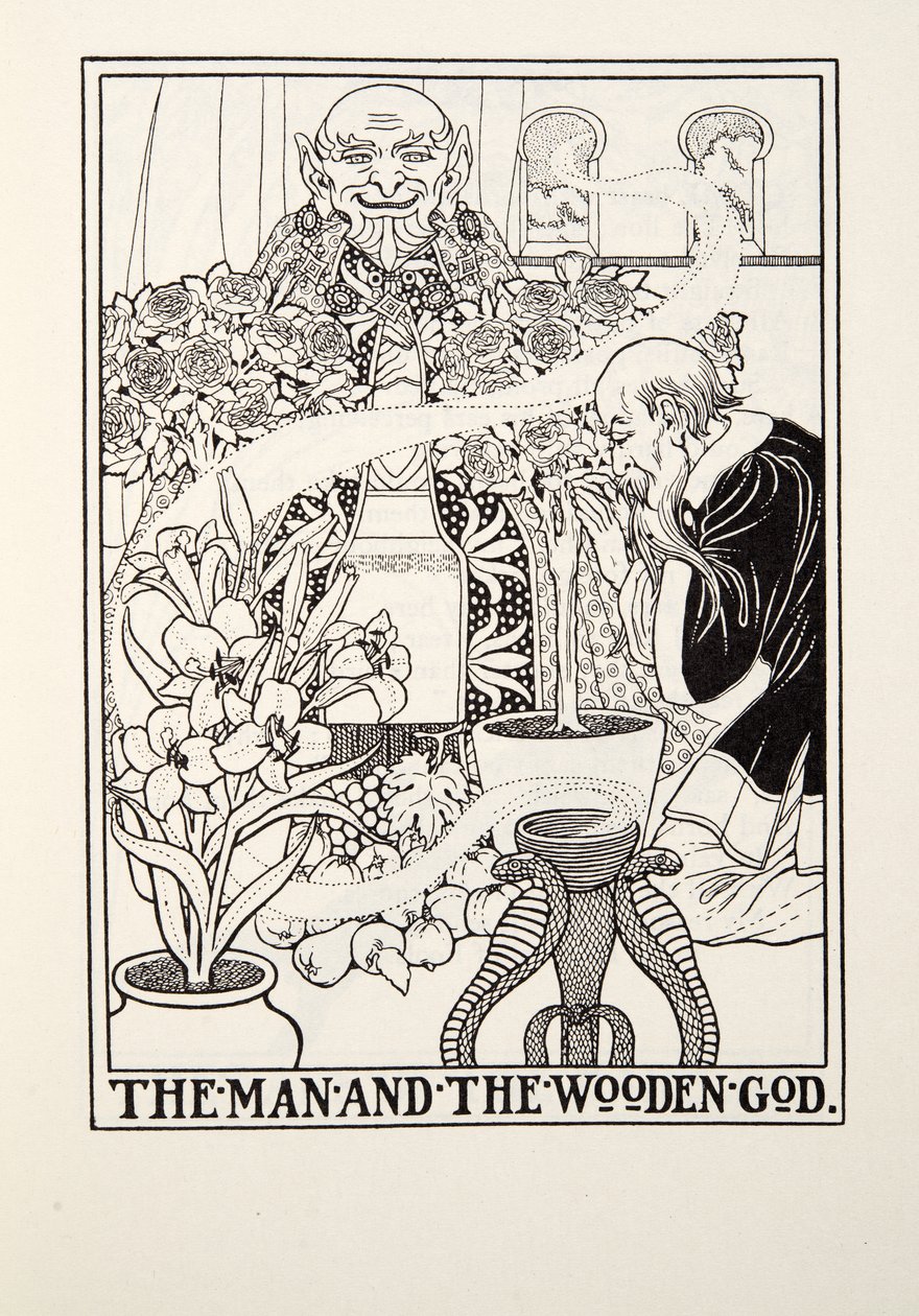 Der Mann und der hölzerne Gott, aus Fontaine Fables, veröffentlicht 1905 von Percy J. Billingshurst