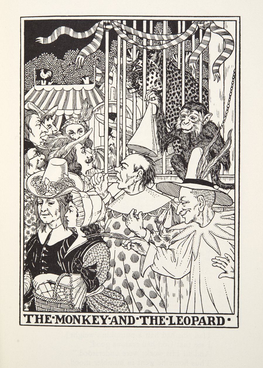 Der Affe und der Leopard, aus Fontaine Fabeln, veröffentlicht 1905 von Percy J. Billingshurst