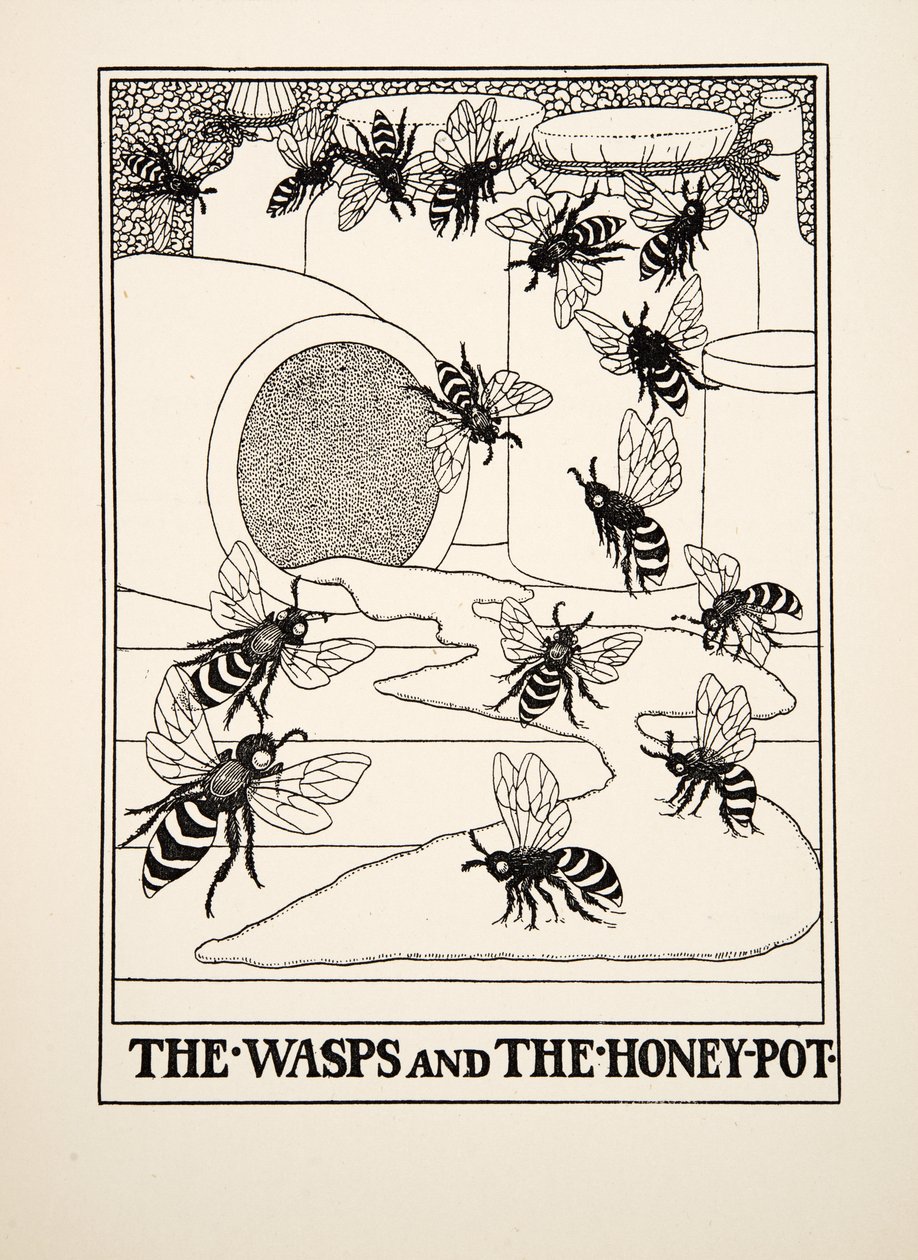 Die Wespen und der Honigtopf, aus Hundert Fabeln von Äsop, veröffentlicht 1903 von Percy J. Billingshurst
