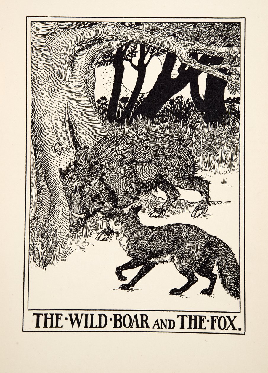 Das Wildschwein und der Fuchs, aus Hundert Fabeln von Aesop, veröffentlicht 1903 von Percy J. Billingshurst