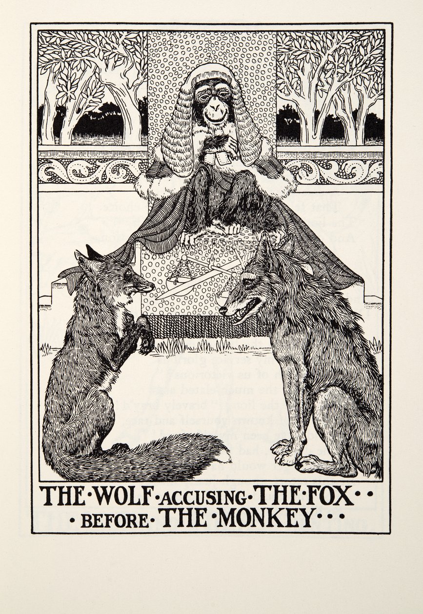 Der Wolf verklagt den Fuchs vor dem Affen, aus Fontaine Fables, veröffentlicht 1905 von Percy J. Billingshurst