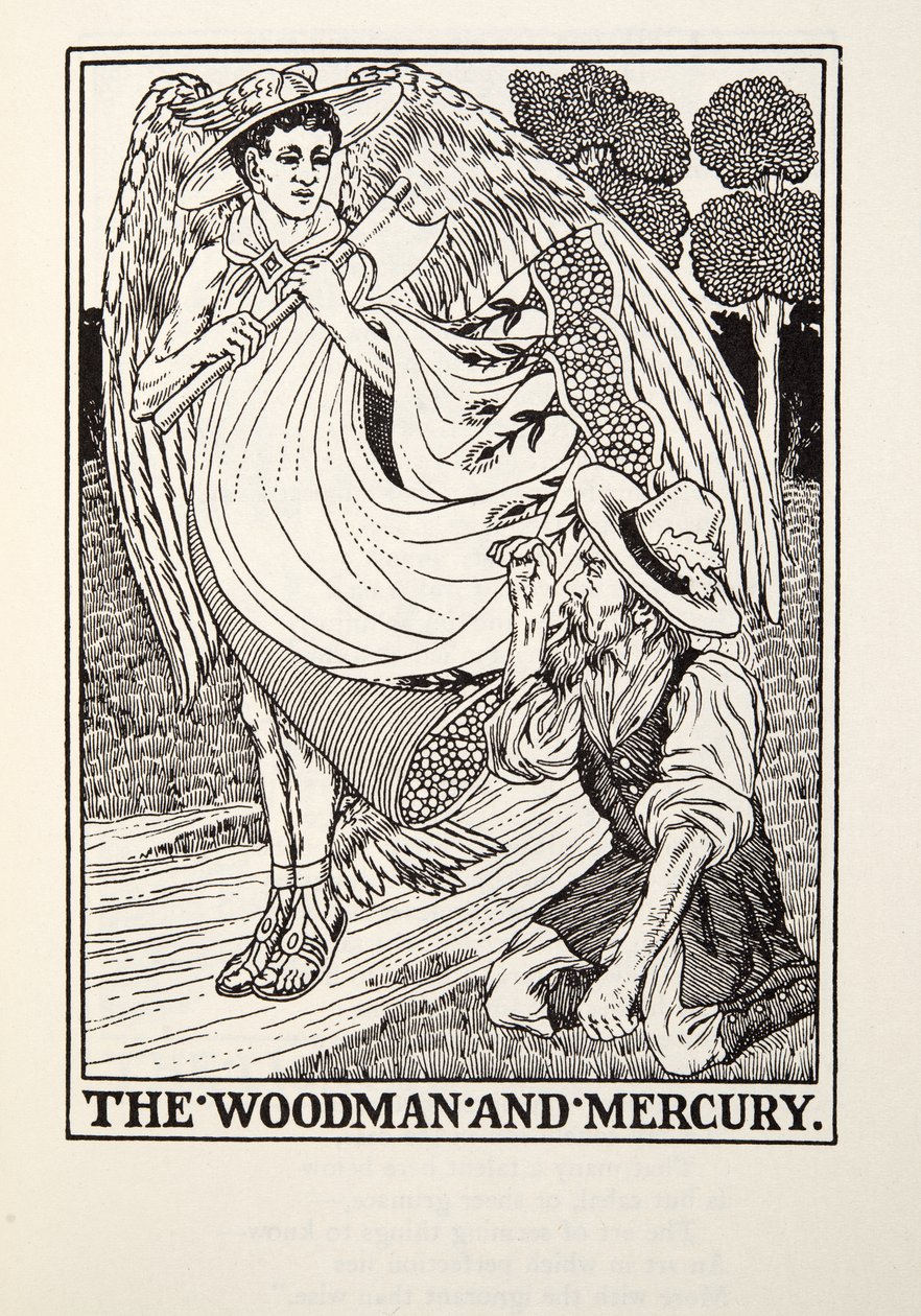 Der Holzfäller und Merkur, aus Fontaine Fabeln, veröffentlicht 1905 von Percy J. Billingshurst