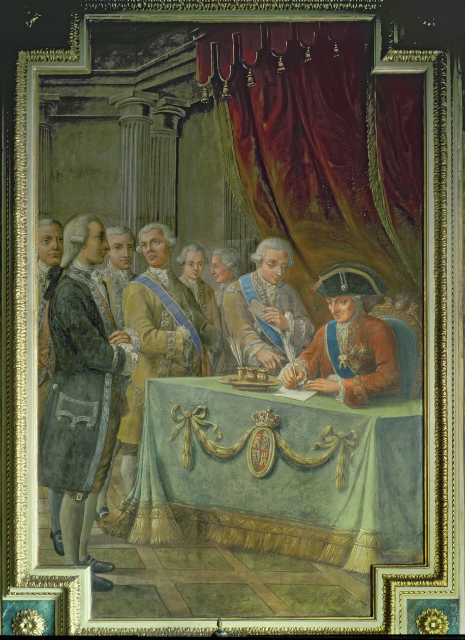 Karl III. (1716-88) unterzeichnet das Dekret zur Genehmigung des Handels mit Asien und den Philippinen von Pere Pau Muntanya