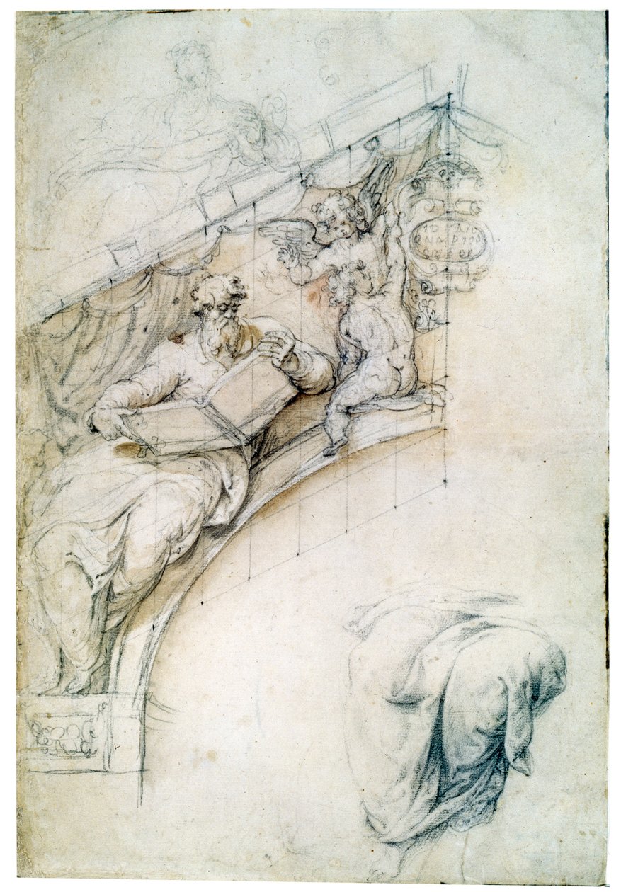 Dekoration einer Wand über einem Eingangsgewölbe mit einem Propheten und zwei Putten, um 1525 von Perino del Vaga