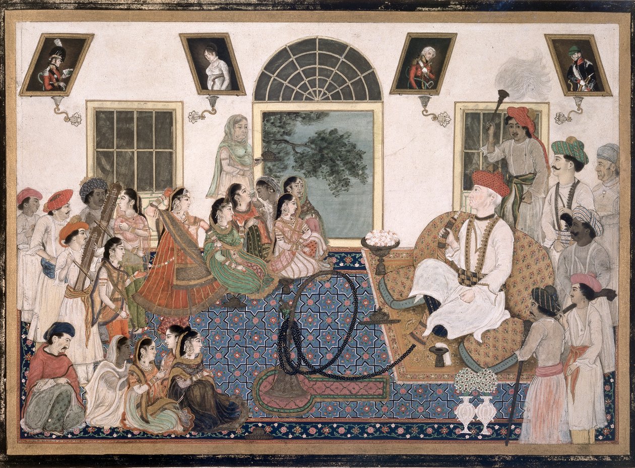 Ein Europäer, wahrscheinlich Sir David Ochterlony (1758-1825), in indischer Kleidung, raucht eine Wasserpfeife und beobachtet einen Nautch in seinem Haus in Delhi, c.1820 von Persian School