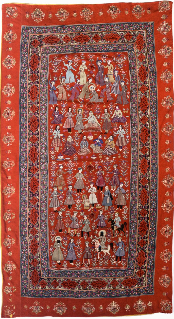 Ein bestickter Wandbehang aus rotem Wollstoff mit Reihen von Figuren, die das Leben von Joseph darstellen von Persian School