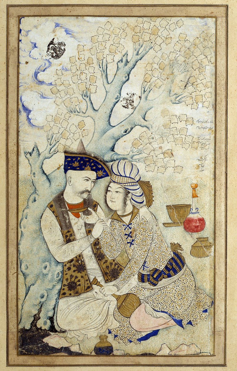 Porträt von Schah Abbas I. umarmt einen seiner Pagen von Persian School