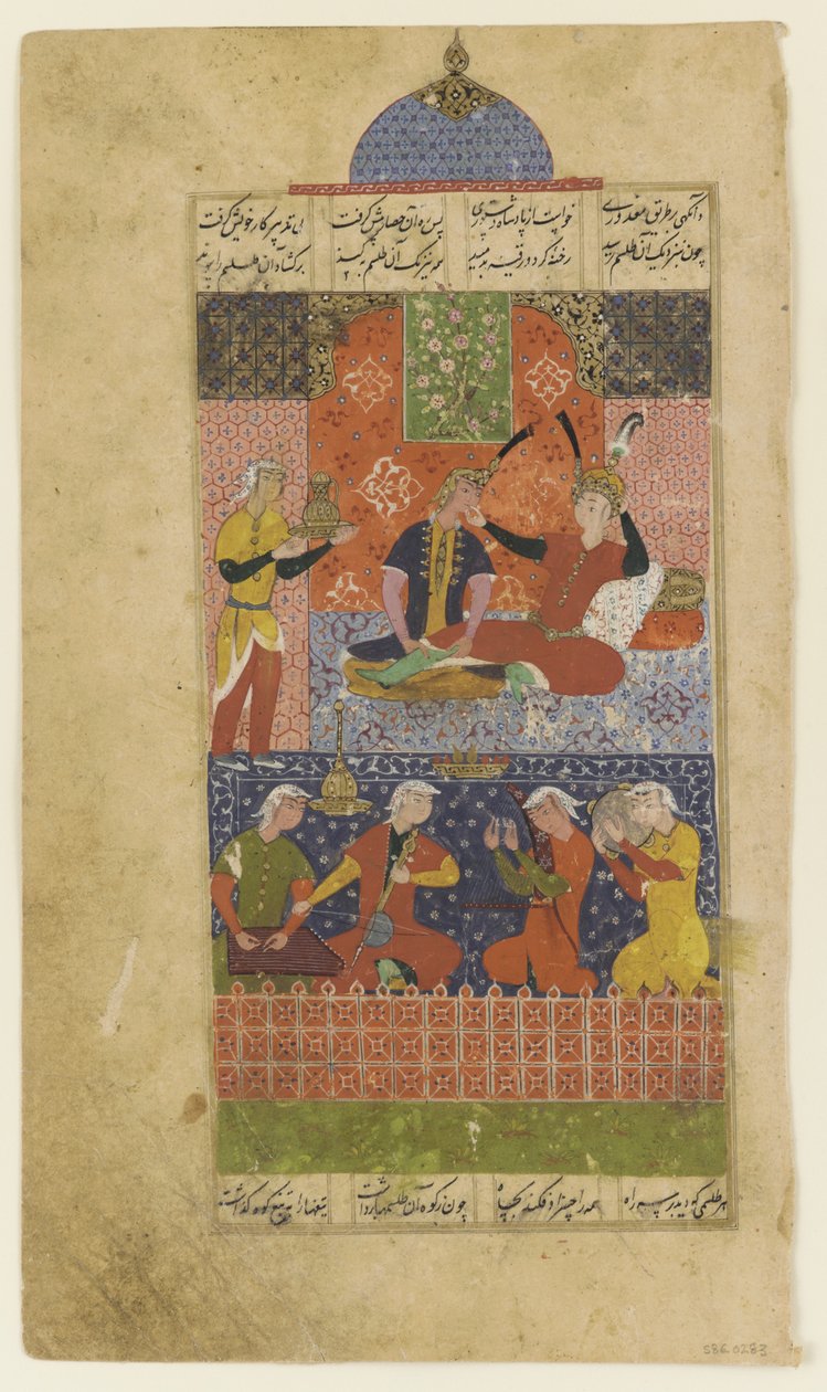 Folio aus einem Khamsa: Bahram Gur und die Prinzessin im roten Pavillon, ca. 1560 von Persian School