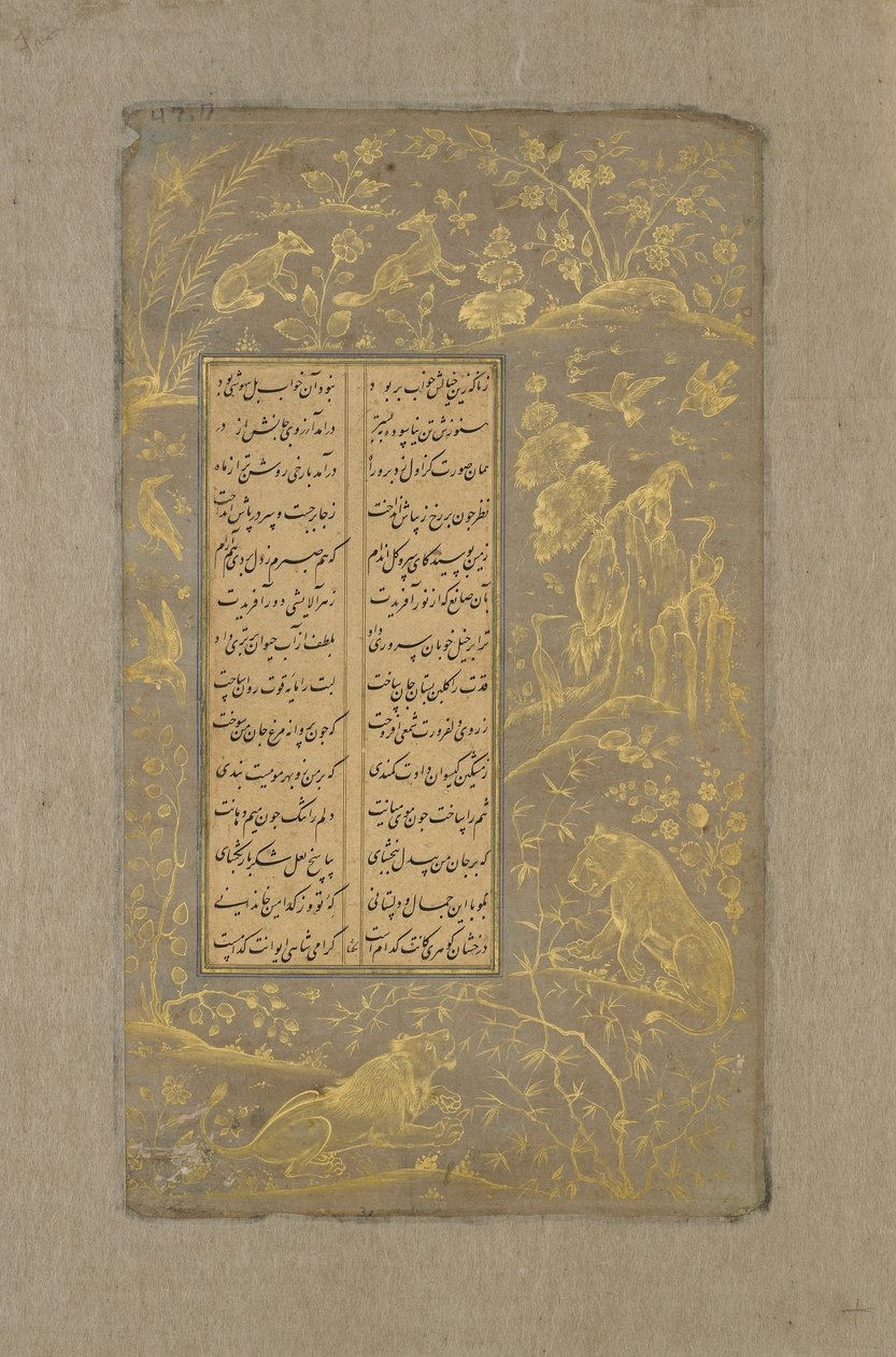 Löwen, Füchse und Vögel in einer Landschaft, Folio aus Yusuf u-Zulaikha von Jami (gest. 1492) Qazvin, Iran, 1557 von Persian School