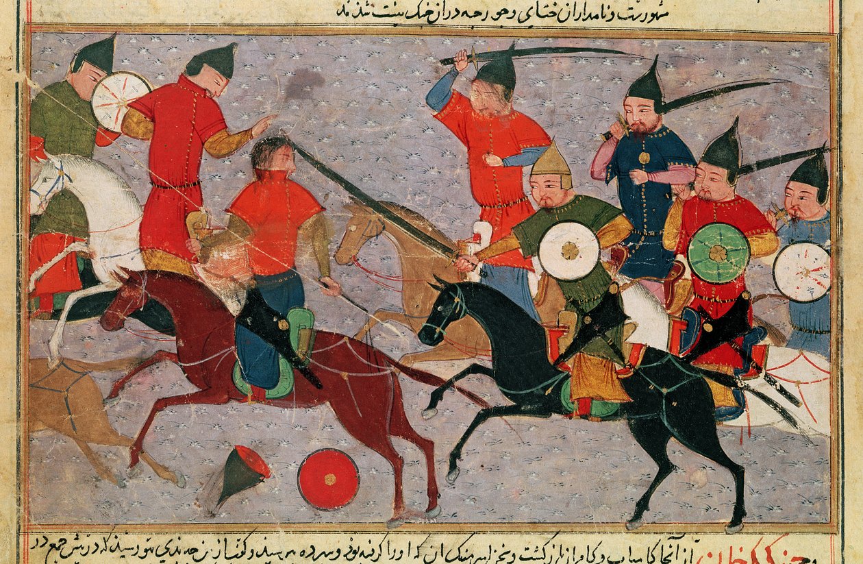 Ms Pers.113 f.49 Dschingis Khan (ca. 1162-1227) in der Schlacht, aus einem Buch von Rashid-al-Din (1247-1318) von Persian School