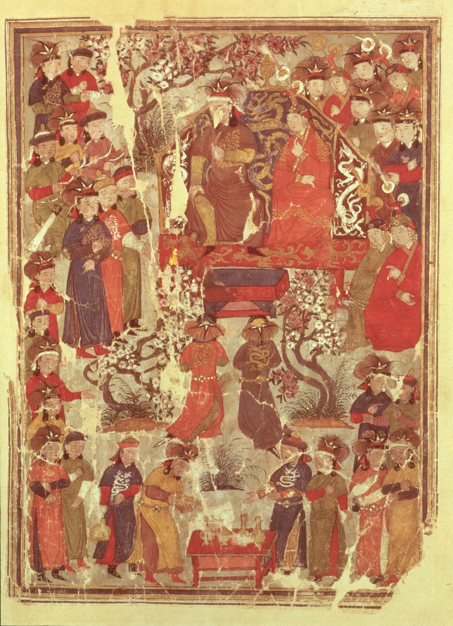 Genghis Khan und seine Frau Bortei auf dem Thron vor Höflingen, aus dem Buch Jami al Tawarikh von Rashid ad-Din von Persian School