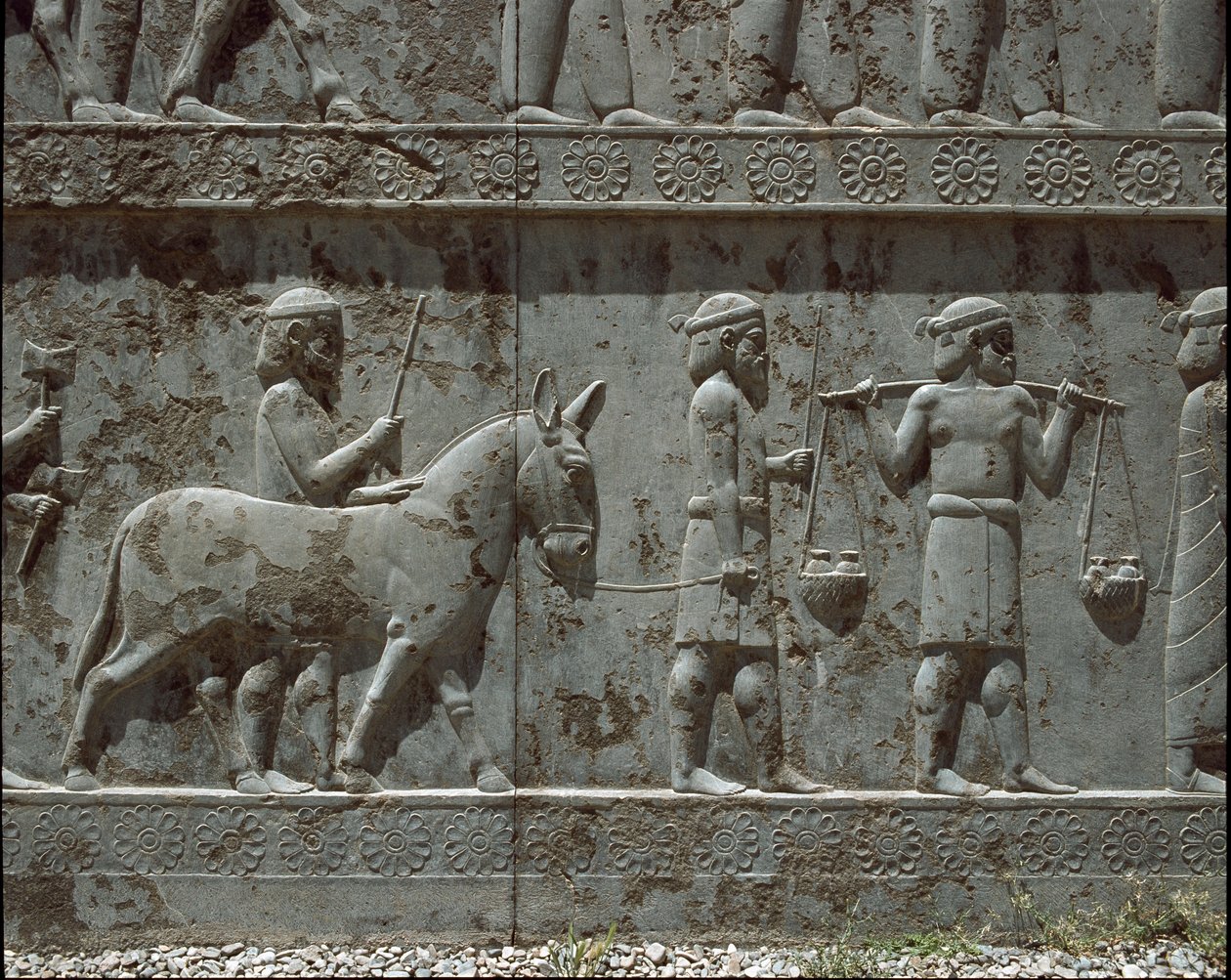 Unterworfene Völker bringen Geschenke zu Darius I. Reliefs der östlichen Treppe der Apadana, 6. Jahrhundert v. Chr. von Persian School