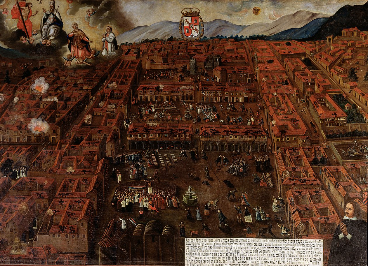 Ansicht von Cuzco zur Zeit des Erdbebens von 1650 von Peruvian School