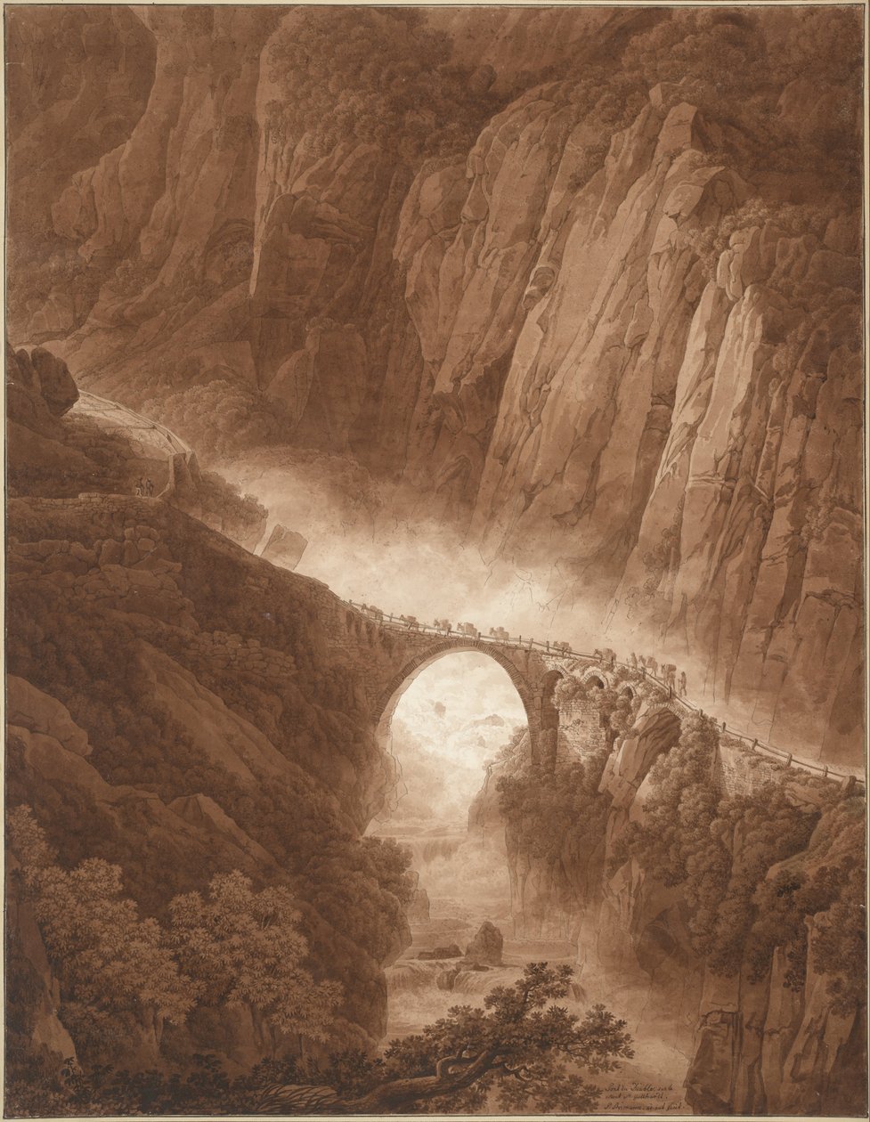 Die Teufelsbrücke in der Schöllenenschlucht auf dem Weg über den St. Gotthard Pass mit einem Maultierzug von Peter Birmann