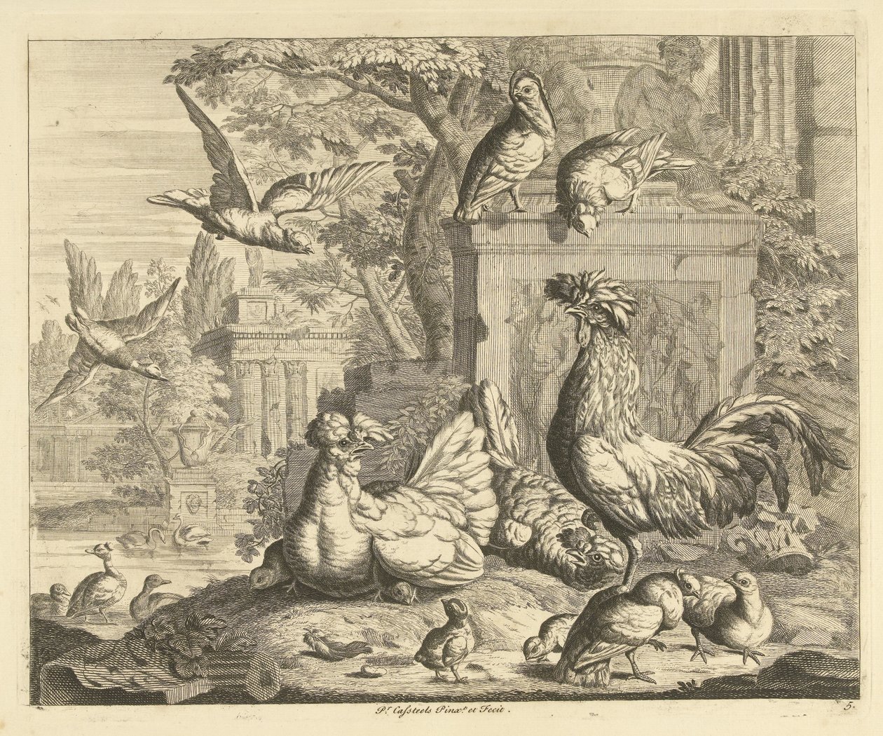 Hahn, Henne mit Küken und andere Vögel in einem Garten mit antiken Ruinen von Peter Casteels (III)