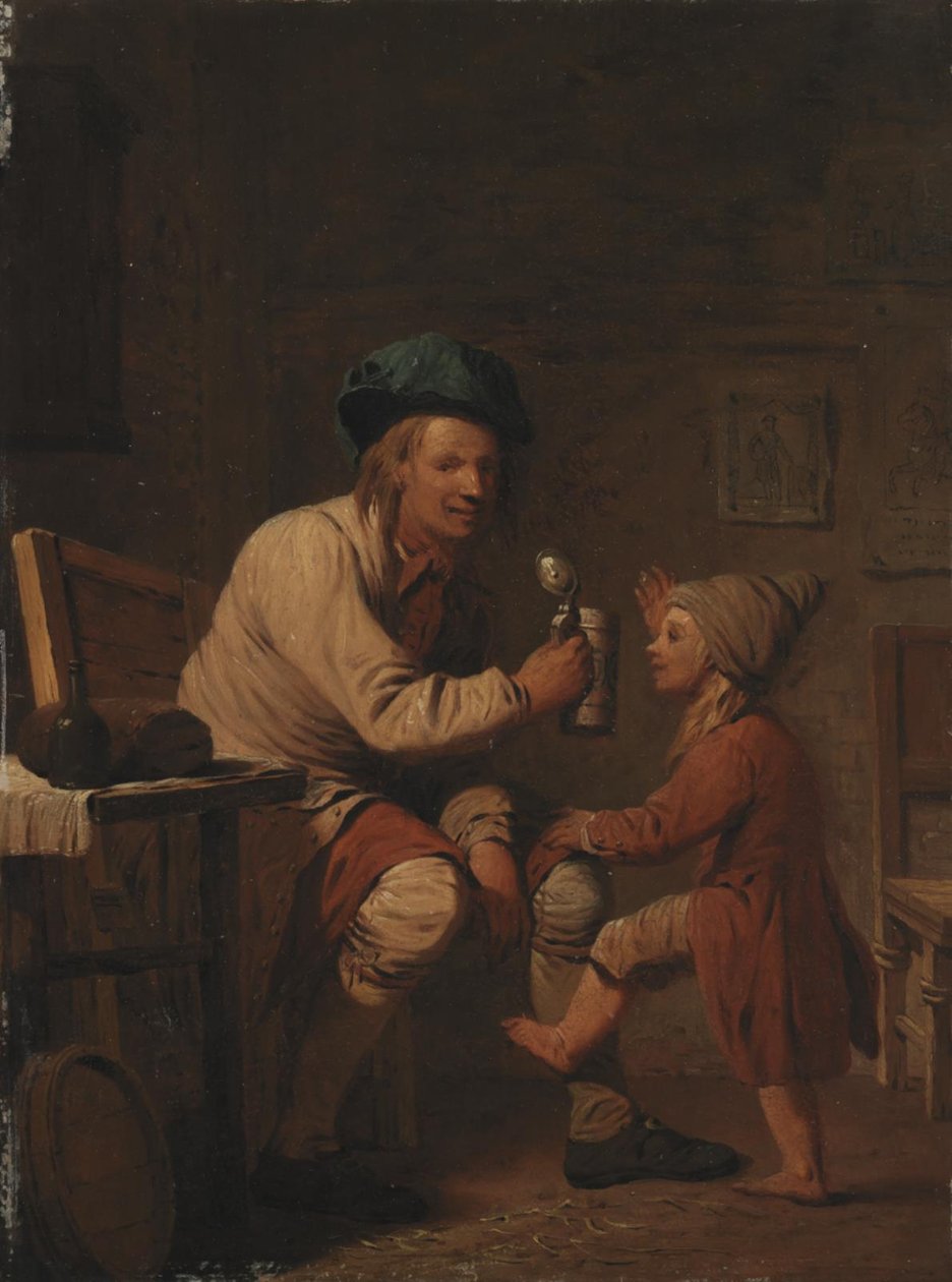 Ein Bauer gibt seinem Sohn etwas zu trinken von Peter Cramer