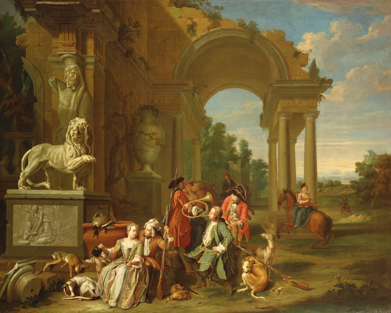 Eine Jagdgesellschaft in klassischen Ruinen von Peter Jacob Horemans