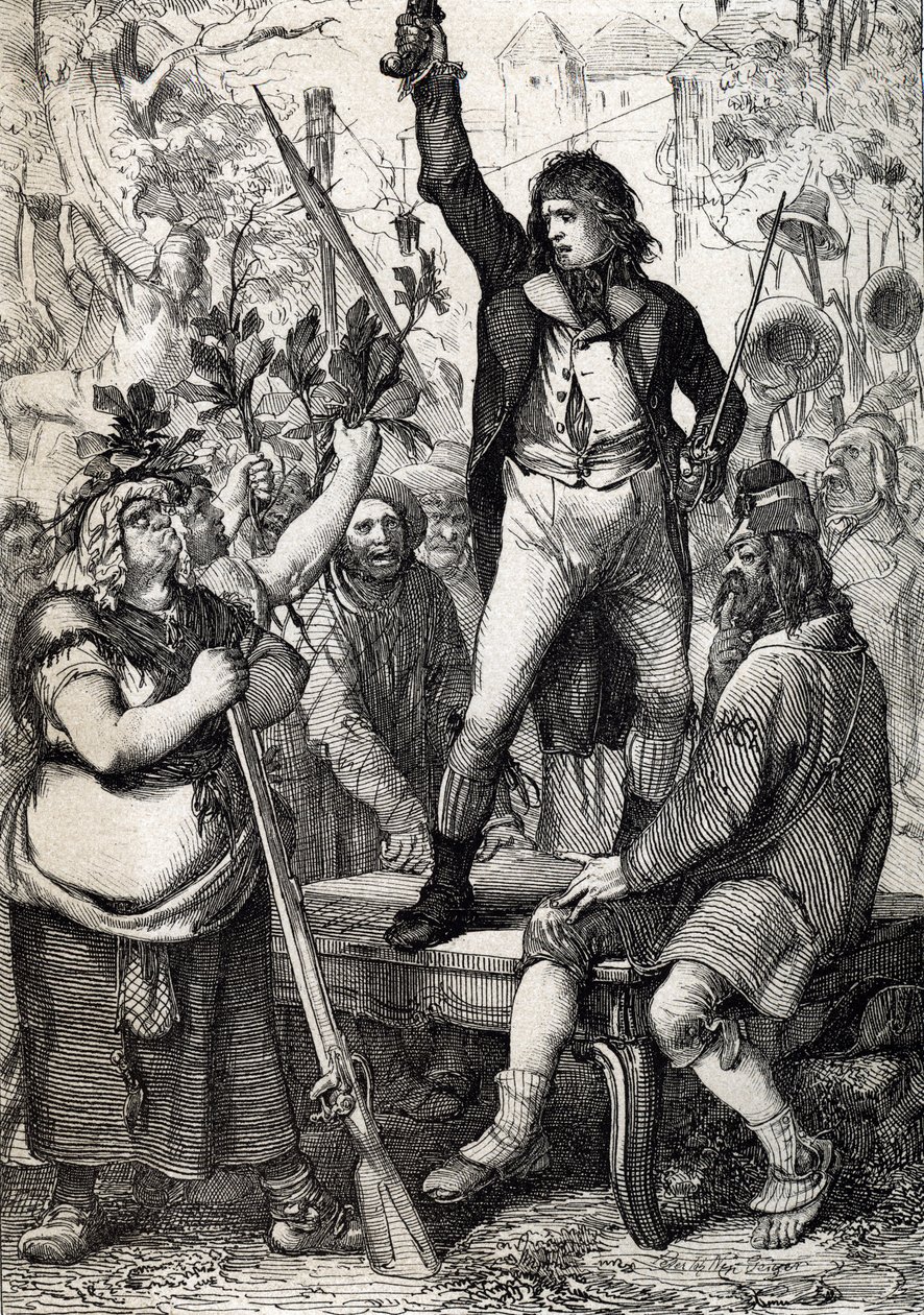 Ausbruch der Französischen Revolution 1789: Das versammelte Volk wird aufgefordert, die Farbe einer Kokarde zu wählen und zu den Waffen zu greifen. Historisch, von Anton Ziegler von Peter Johann Nepomuck Geiger