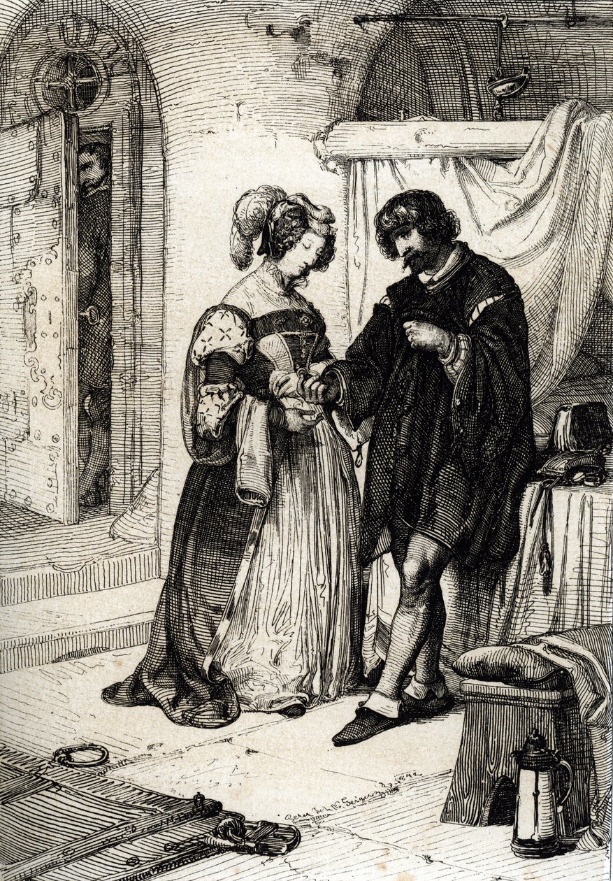 Der Graf von Essex Robert Devereux (1565-1601) zum Tode verurteilt wegen Verrats übergibt Elizabeth Howard, Gräfin von Nottingham und Ehrendame von Elisabeth I. von England, einen Ring als Treuepfand an die Königin von Peter Johann Nepomuck Geiger