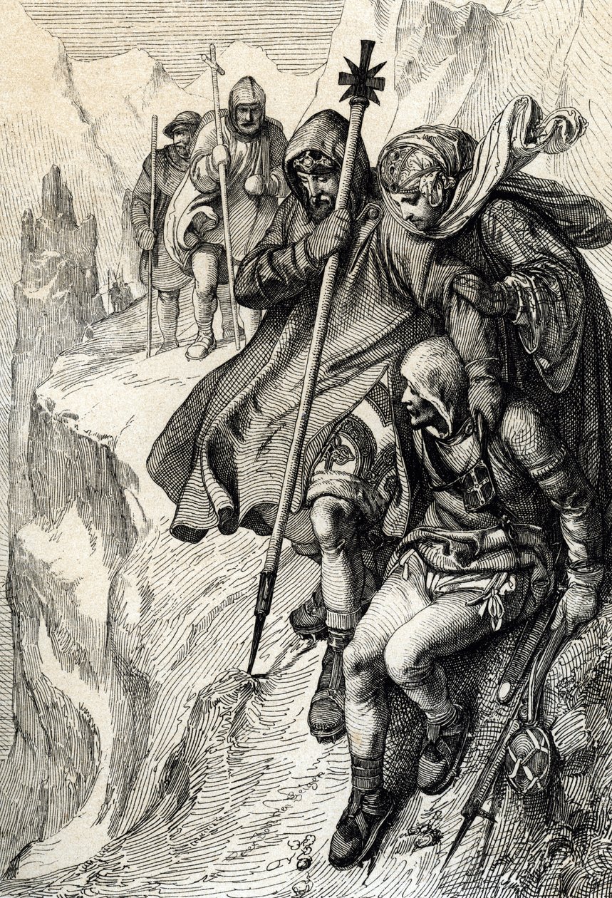 Der König der Römer Heinrich IV. überquert den Mont-Cenis-Pass, um die Alpen zu überqueren und zur Gräfin Mathilde von Toskana nach Canossa zu gelangen, wo Papst Gregor VII. im Januar 1077 war von Peter Johann Nepomuck Geiger