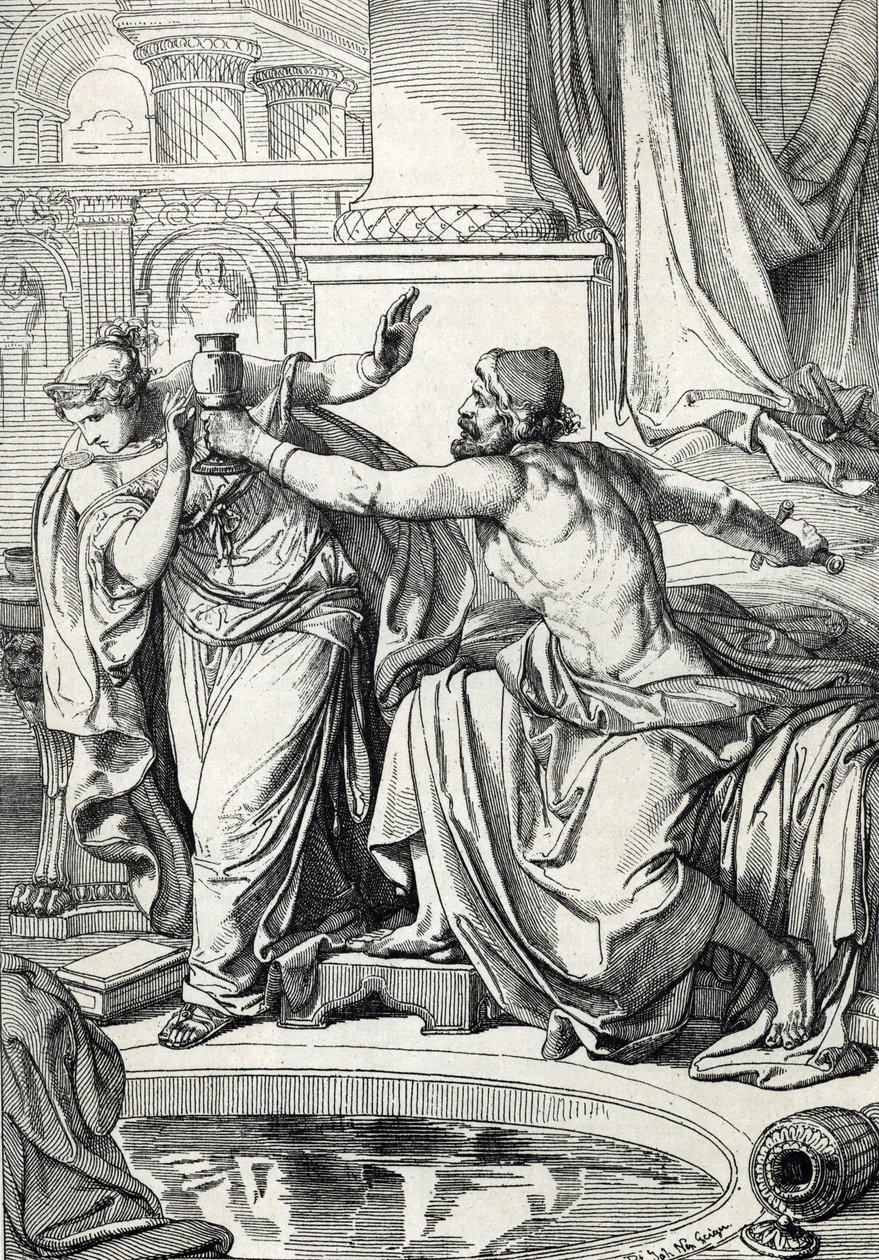 Die gepidische Prinzessin Rosemonde (gestorben 572) und ihr Liebhaber, der Mörder ihres Mannes König Alboin, vergiften sich mit demselben Becher Gift, 572 (Gepidische Prinzessin Rosamund (oder Rosamunde) und ihr Liebhaber töten sich mit demselben Becher Gi von Peter Johann Nepomuck Geiger